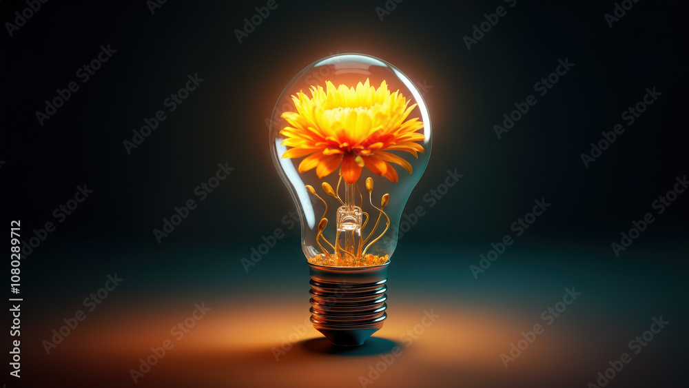 Growing yellow flower in glowing lightbulb, bright idea, shining invention, success innovation Growing yellow flower in glowing lightbulb, bright idea, shining invention, success innovation