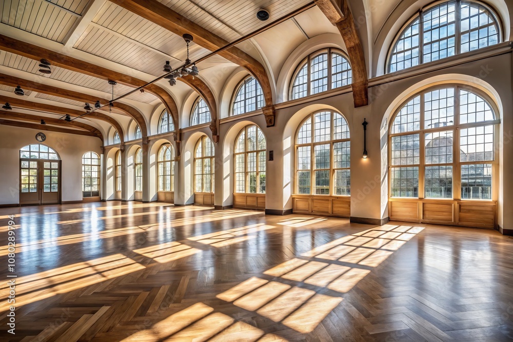 Obraz premium Spacious Documentary Photography of a Large Open Room with High Ceilings and Arched Windows, Showcasing Architectural Elegance and Natural Light in a Serene Setting