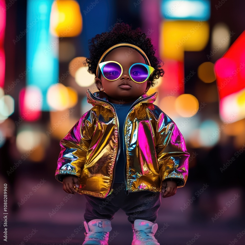 Stylish child in metallic jacket at night Stylish child in metallic jacket at night