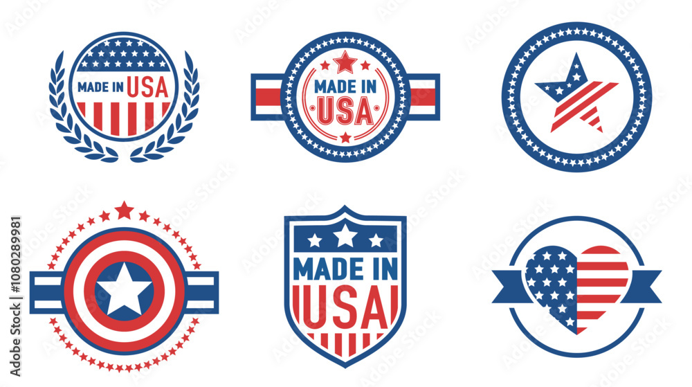 Made in USA logos. Various emblems indicating the American origin of products Made in USA logos. Various emblems indicating the American origin of products