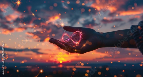 Infinity Symbol Glowing in Hand at Sunset