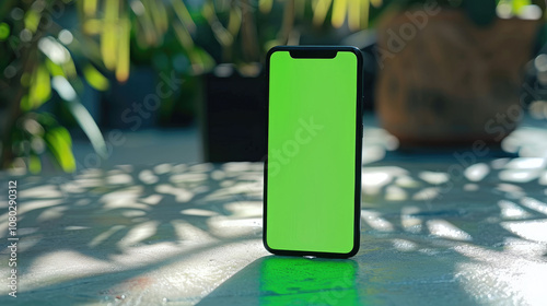 smartphone with green screen stands on textured surface, surrounded by plants, creating vibrant and modern atmosphere. light and shadows add depth to scene