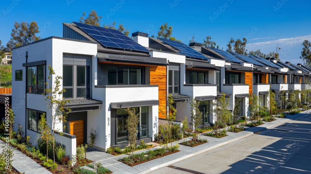 A row of modern houses with sleek solar roofs situated in a picturesque suburban environment, reflecting contemporary design and eco-friendly living. A row of modern houses with sleek solar roofs situated in a picturesque suburban environment, reflecting contemporary design and eco-friendly living.