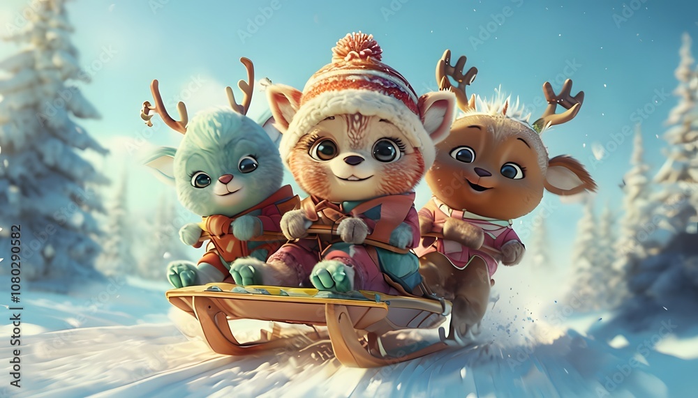 Fototapeta premium Cute animal character on snow sledding. Generative AI.