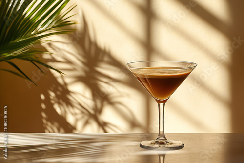 Espresso Martini coffee cocktail glass in a bright, modern cafe with trendy greenery, vibrant fronds, chic concrete, fresh shadow play, isolated atmosphere