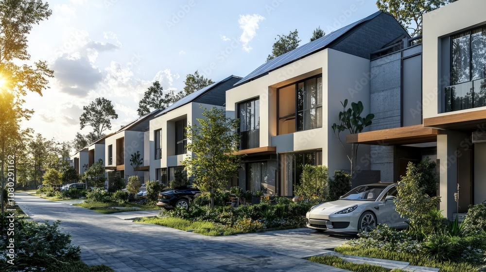 A row of modern houses equipped with solar panels, surrounded by lush greenery and illuminated by the soft light of the setting sun, showcasing sustainable living. A row of modern houses equipped with solar panels, surrounded by lush greenery and illuminated by the soft light of the setting sun, showcasing sustainable living.