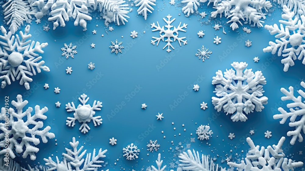 White snowflakes on a blue background, flat lay, copy space concept for a winter season design template banner. Christmas decoration and New Year celebration. White snowflakes on a blue background, flat lay, copy space concept for a winter season design template banner. Christmas decoration and New Year celebration.