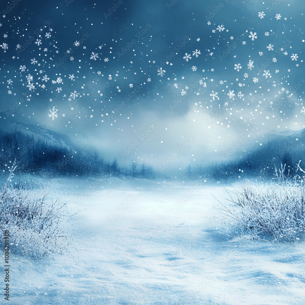 Tranquil snowy landscape with softly falling snowflakes and gentle ambient light creating a dreamlike quality. Perfect for winter holiday-themed content. Tranquil snowy landscape with softly falling snowflakes and gentle ambient light creating a dreamlike quality. Perfect for winter holiday-themed content.