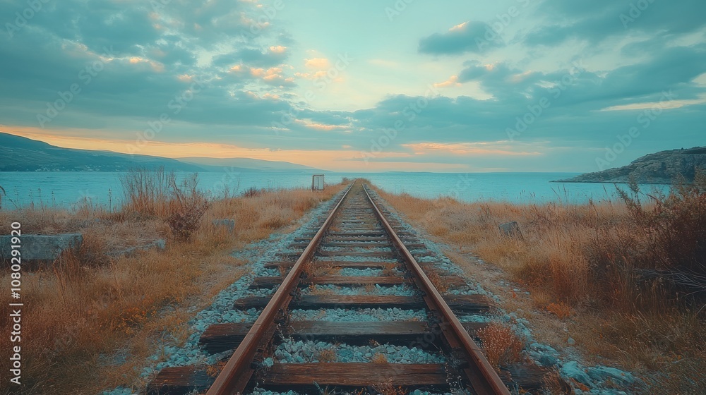 Obraz premium Train tracks vanishing into the horizon at sunset, with water in the background.