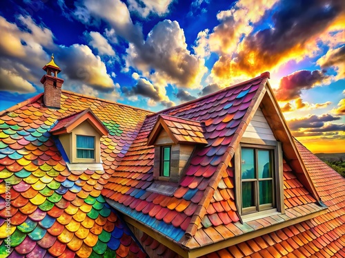 Surreal Perspective of a New House Roof with Vibrant Shingles and Rooftiles Under a Dreamlike Sky, Merging Reality with Imagination in Architectural Photography photo