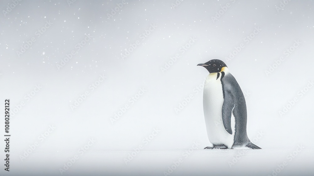 Obraz premium A lone penguin stands alert on a flat, icy landscape, with soft snowflakes gently falling around it.
