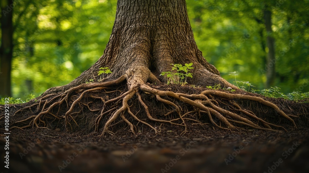 Tree roots surrounded by green foliage in a lush forest setting. Tree roots surrounded by green foliage in a lush forest setting.