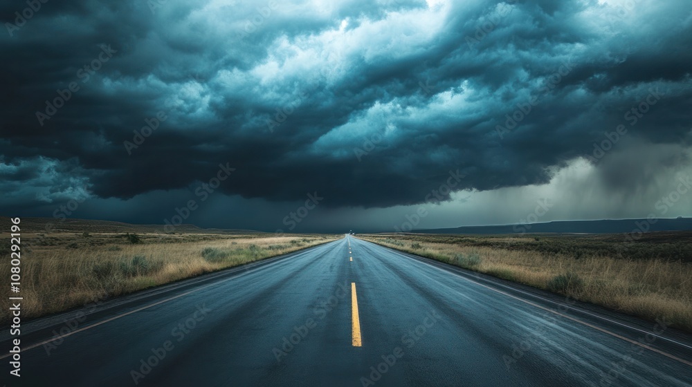 Fototapeta premium A lonely highway stretching into the distance as massive storm clouds roll in, creating a dramatic contrast between