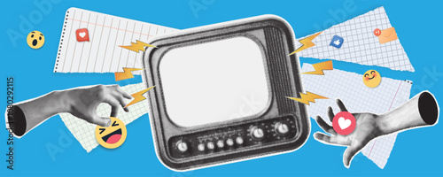 Hand drawn comic retro TV with halftone and dots. Retro halftone collage element. Vector illustration of grunge art templates.