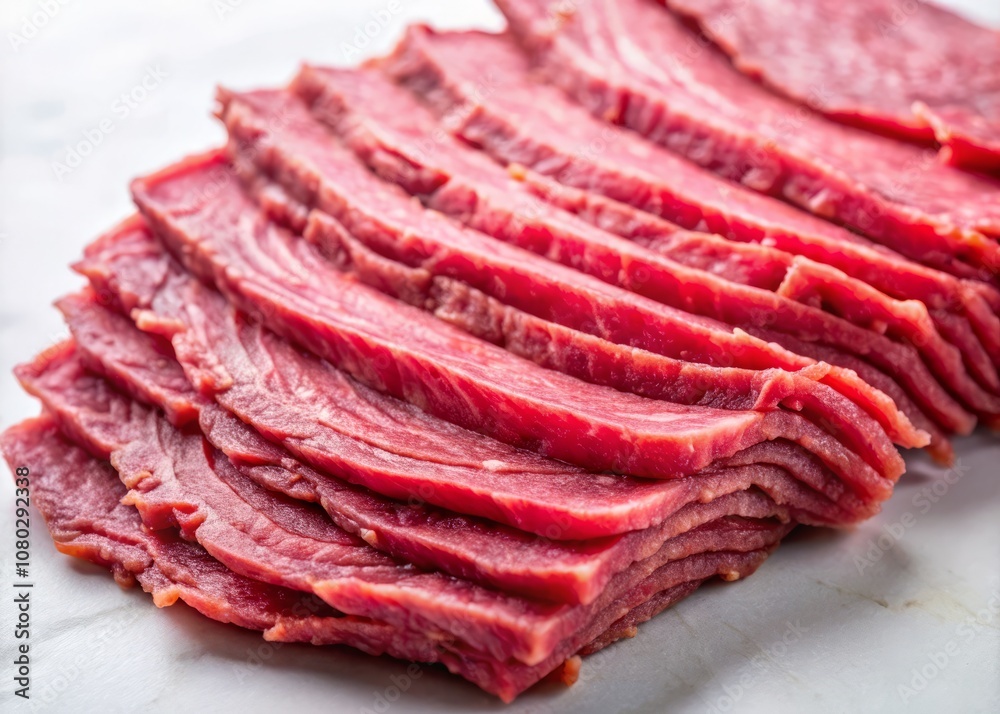 Thinly Sliced Corned Beef on White Background - Macro Photography Highlighting Vibrant Pink Color and Tender Texture for Culinary and Food Photography Needs Thinly Sliced Corned Beef on White Background - Macro Photography Highlighting Vibrant Pink Color and Tender Texture for Culinary and Food Photography Needs