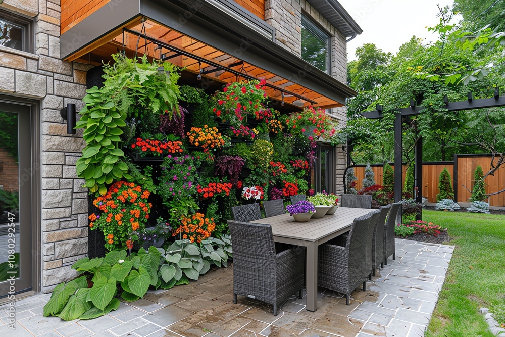 Naklejka premium A patio dining area with a large vertical garden in the background.