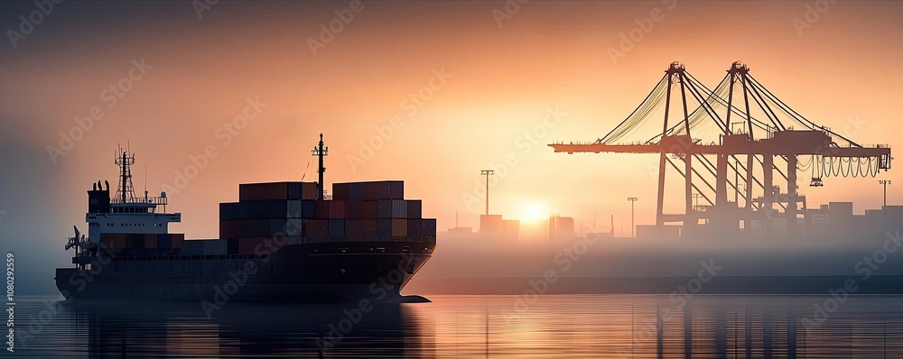 Cargo ship silhouette with cranes at sunset, foggy background. Cargo ship silhouette with cranes at sunset, foggy background.