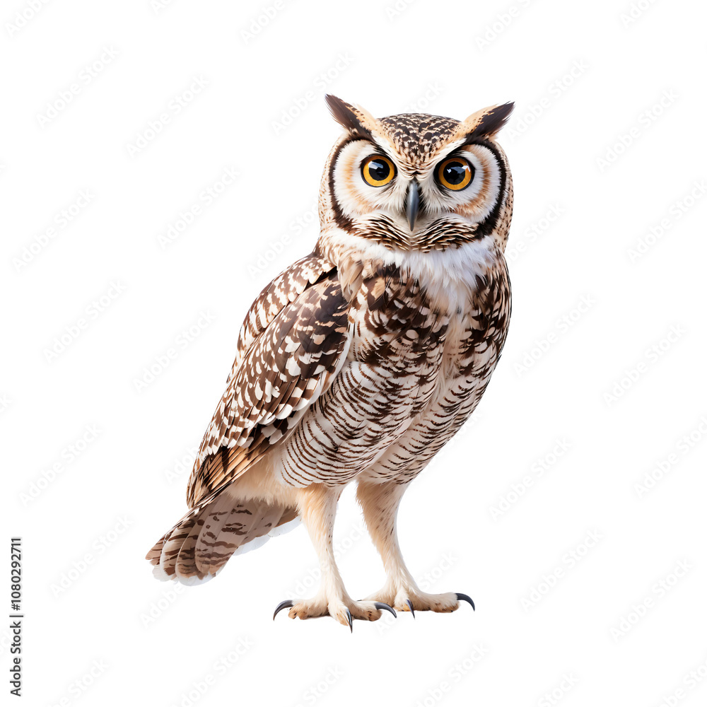 Naklejka premium A striking portrait of a regal owl, showcasing majestic features and vibrant golden eyes, emphasizing nature's beauty and the mystery of these intelligent creatures.