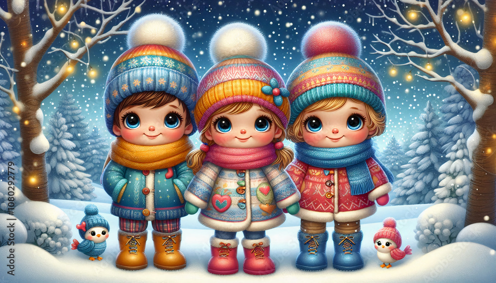 Fototapeta premium a whimsical winter scene featuring three cheerful children dressed warmly in colorful winter outfits