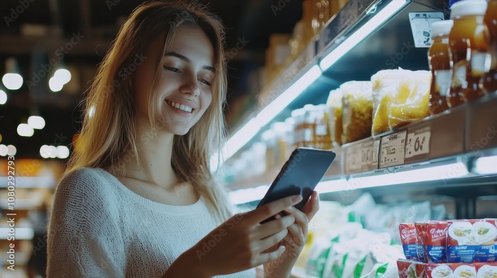 Shopping. Young Smiling Woman Holding And Using Mobile Phone Buying Food Groceries Standing In Supermarket. Female Customer With Smartphone Taking Healthy Products From Shelf At The Shop Shopping. Young Smiling Woman Holding And Using Mobile Phone Buying Food Groceries Standing In Supermarket. Female Customer With Smartphone Taking Healthy Products From Shelf At The Shop