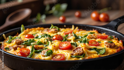 Cheesy pasta skillet with sausage and vegetables - perfect for food blogs, recipe websites, cookbooks, and family meal planning presentations