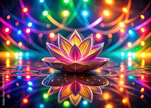 Vibrant Diwali Lotus Against Neon Multicolored Background, Celebrating Indian Culture with Illuminated Details for a Minimalist Photography Aesthetic photo