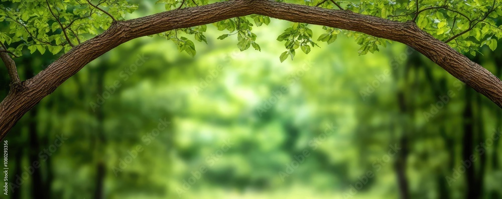 Fototapeta premium Beautiful tree branches arching over a lush green forest background.