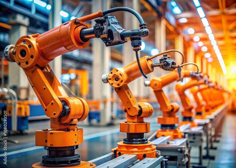 Vibrant Orange Robotic Arms Assembling Components with Precision in a Factory Setting, Captured with Bokeh Effect for a Dynamic Industrial Aesthetic Vibrant Orange Robotic Arms Assembling Components with Precision in a Factory Setting, Captured with Bokeh Effect for a Dynamic Industrial Aesthetic