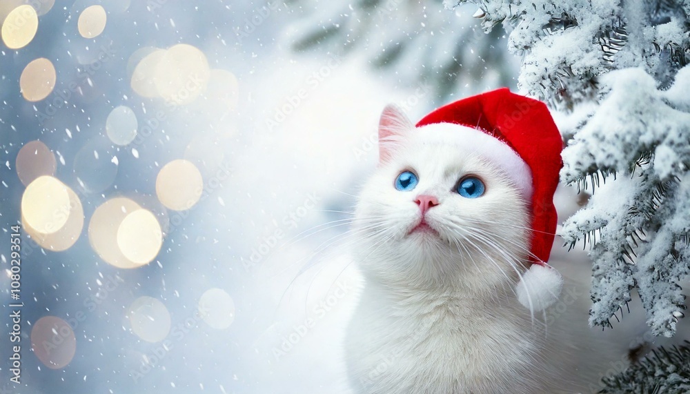 A cute white cat wearing a Santa hat peeks out from behind the branches of a snowy white Christmas tree A cute white cat wearing a Santa hat peeks out from behind the branches of a snowy white Christmas tree