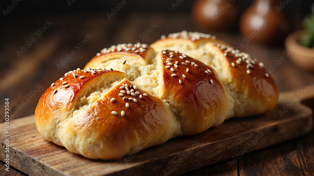 Golden braided challah bread with sesame seeds - perfect for food blogs, recipe websites, Jewish holiday menus, or bakery marketing materials