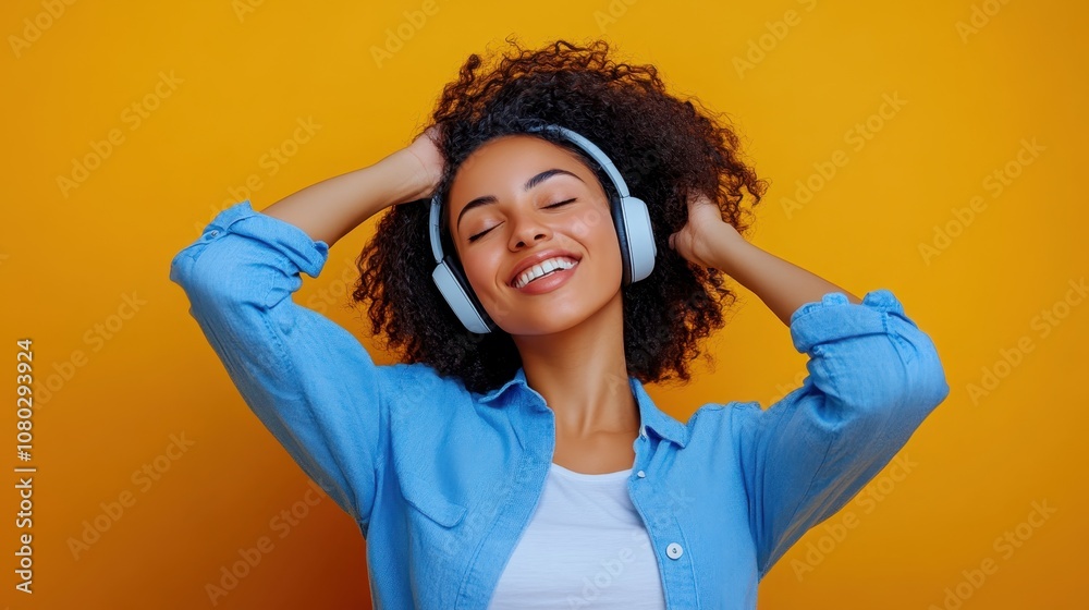 Smiling woman with headphones on yellow background Smiling woman with headphones on yellow background