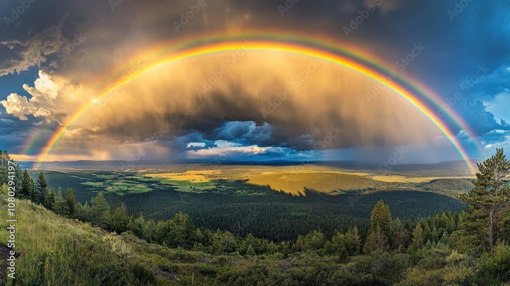 A magical double rainbow illuminates the sky, reflecting on a calm lake beneath it, with towering mountains A magical double rainbow illuminates the sky, reflecting on a calm lake beneath it, with towering mountains