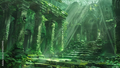 Ancient Stone Temple Overgrown with Lush Greenery and Sunlight Beams