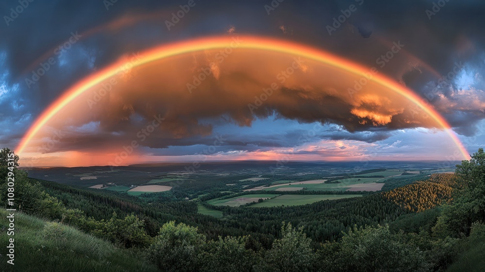 A magical double rainbow illuminates the sky, reflecting on a calm lake beneath it, with towering mountains A magical double rainbow illuminates the sky, reflecting on a calm lake beneath it, with towering mountains
