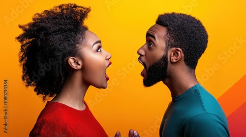 Two people shouting against colorful background 