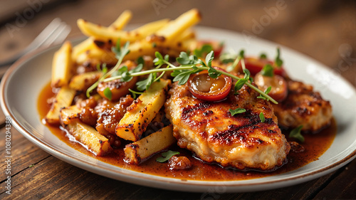 Succulent grilled chicken with roasted potatoes and herbs - perfect for food blogs, recipe websites, cookbooks, and culinary presentations