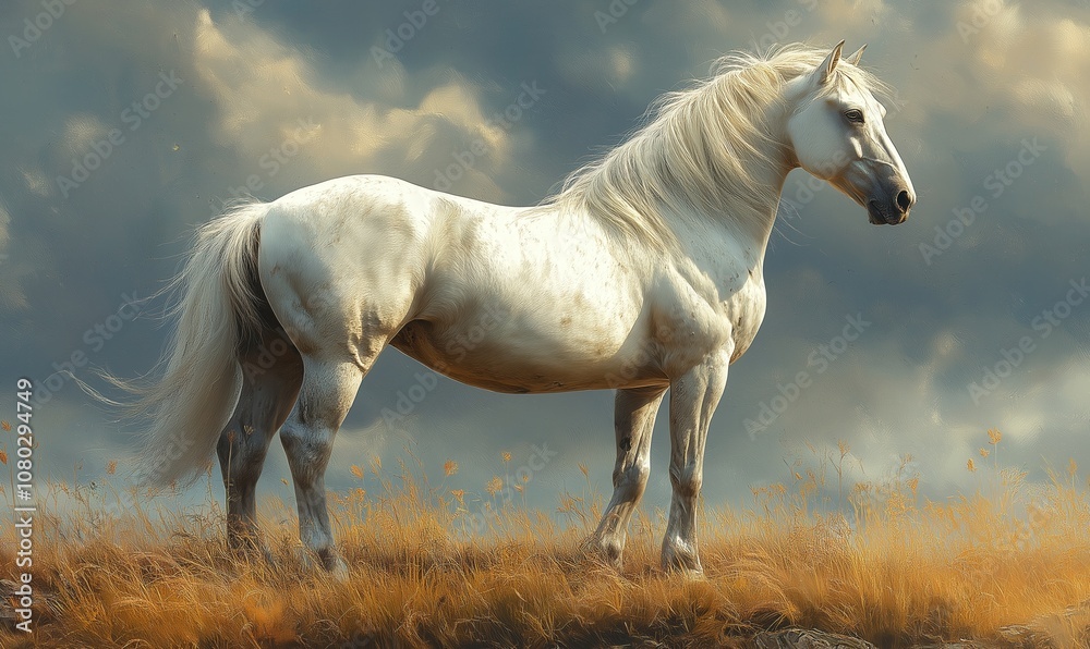 An elegant horse stands in a grassy meadow. An elegant horse stands in a grassy meadow.