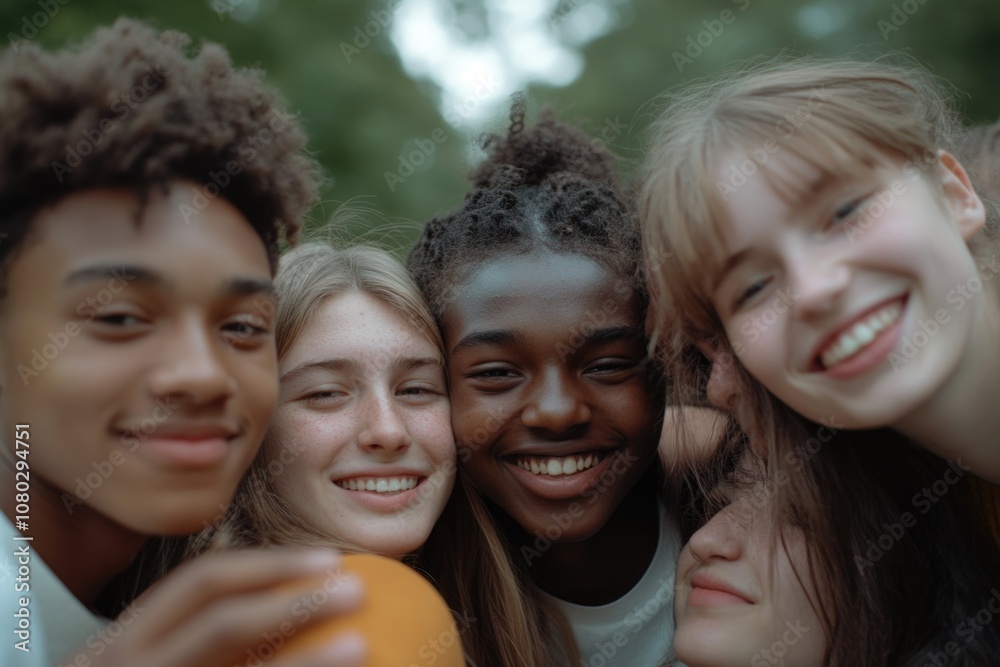 A group of friends smiling and posing together, ideal for lifestyle or social media use A group of friends smiling and posing together, ideal for lifestyle or social media use