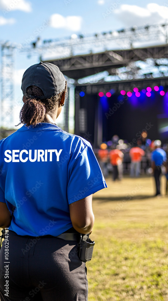 Obraz premium Woman security guard overseeing a concert, keeping attendees safe and upholding order