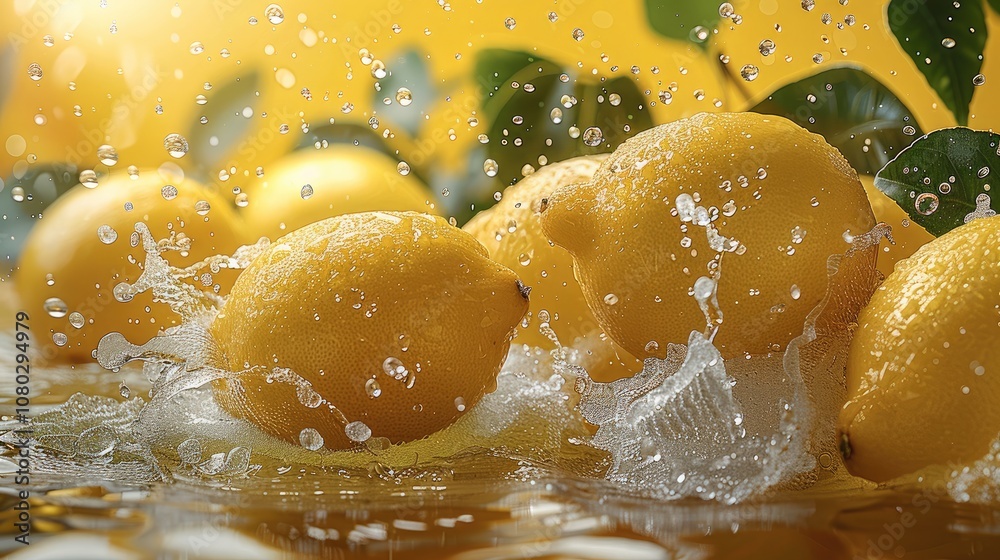 Several fresh lemons flying through the air surrounded by water drops and leaves on a yellow background, splash of clear liquid. Several fresh lemons flying through the air surrounded by water drops and leaves on a yellow background, splash of clear liquid.