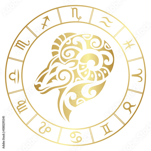 Zodiac sign Aries in maori tattoo style. Astrology emblem