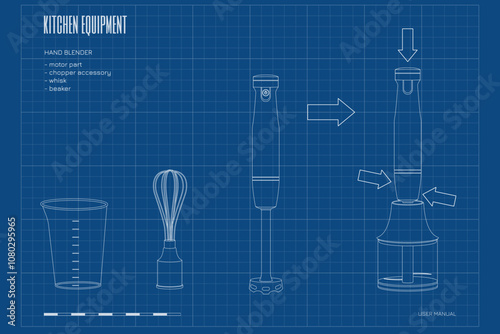 Outline hand blender with equipment. Electric kitchen tools. Modern domestic mixer user manual. Contour blueprint of chef gadget