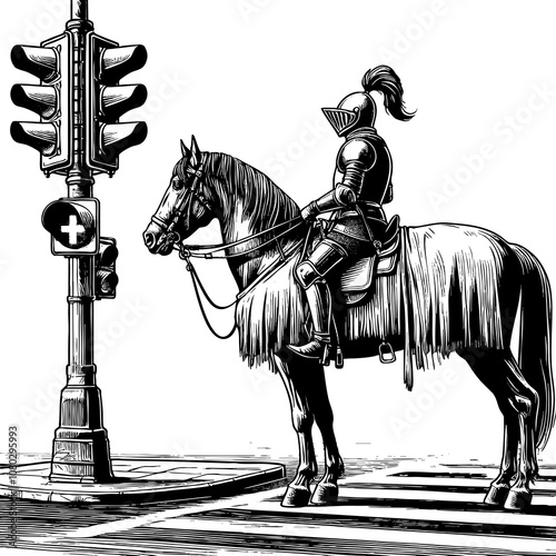 medieval knight on horseback, paused at a modern traffic light, blending historic and contemporary elements sketch engraving generative ai PNG illustration. Black and white image. photo