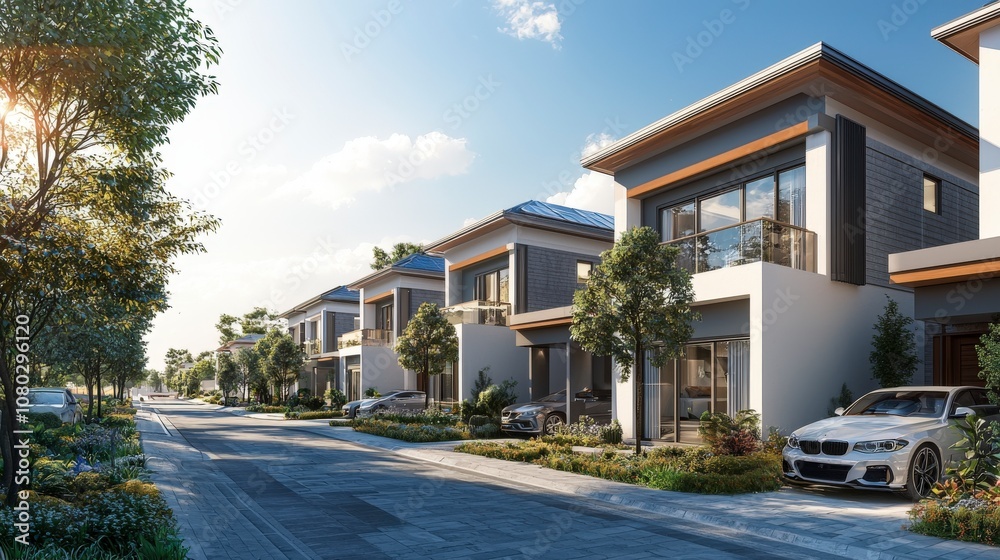 Townhouses line a sunny road, each equipped with solar panels highlighting a blend of modern design with functionality, set against a clear sky and lush vegetation. Townhouses line a sunny road, each equipped with solar panels highlighting a blend of modern design with functionality, set against a clear sky and lush vegetation.