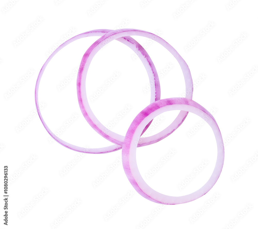 Top view of red onion slices or onion rings in stack isolated with clipping path in png file format Top view of red onion slices or onion rings in stack isolated with clipping path in png file format