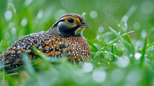 a quail partially hidden in the rich green grass, with morning dew droplets reflecting the soft light. The intricate details of the bird's plumage and the lush grass create a harmonious blend, photo