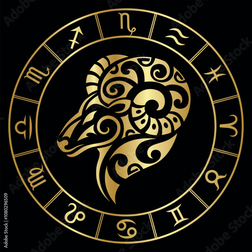 Zodiac sign Aries in maori tattoo style. Astrology emblem