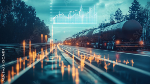 Oil tankers transporting fuel on highway with data overlay, representing fuel logistics, transportation, and industry trends in the energy sector.