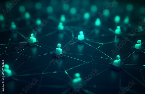  Futuristic blockchain network, interconnected blocks glowing in neon blue and green, dark background with a grid pattern