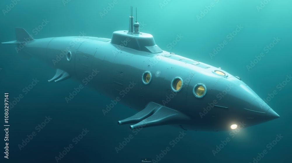 Sleek Transparent Submarine with Circular Windows Underwater Sleek Transparent Submarine with Circular Windows Underwater